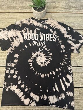 Women's Fashion Nova Good Vibes Only Black & Bleach Tie-Dye Tee, Size Large